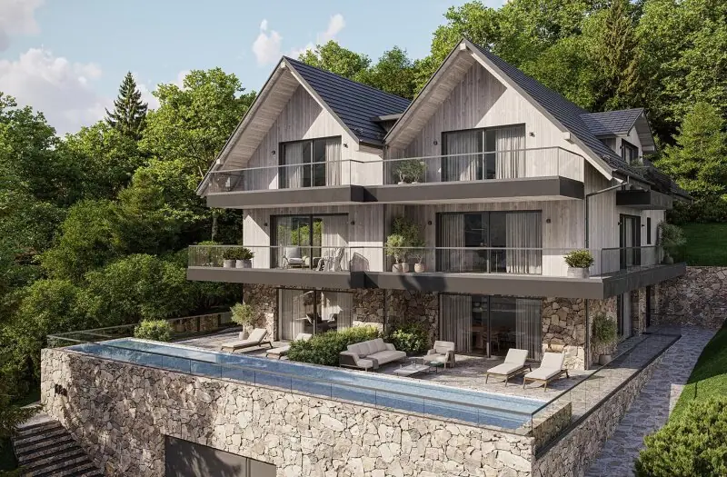 Architekturvisualisierung des Neubauprojekts in Koppl mit Terrassen und Blick ins Grüne