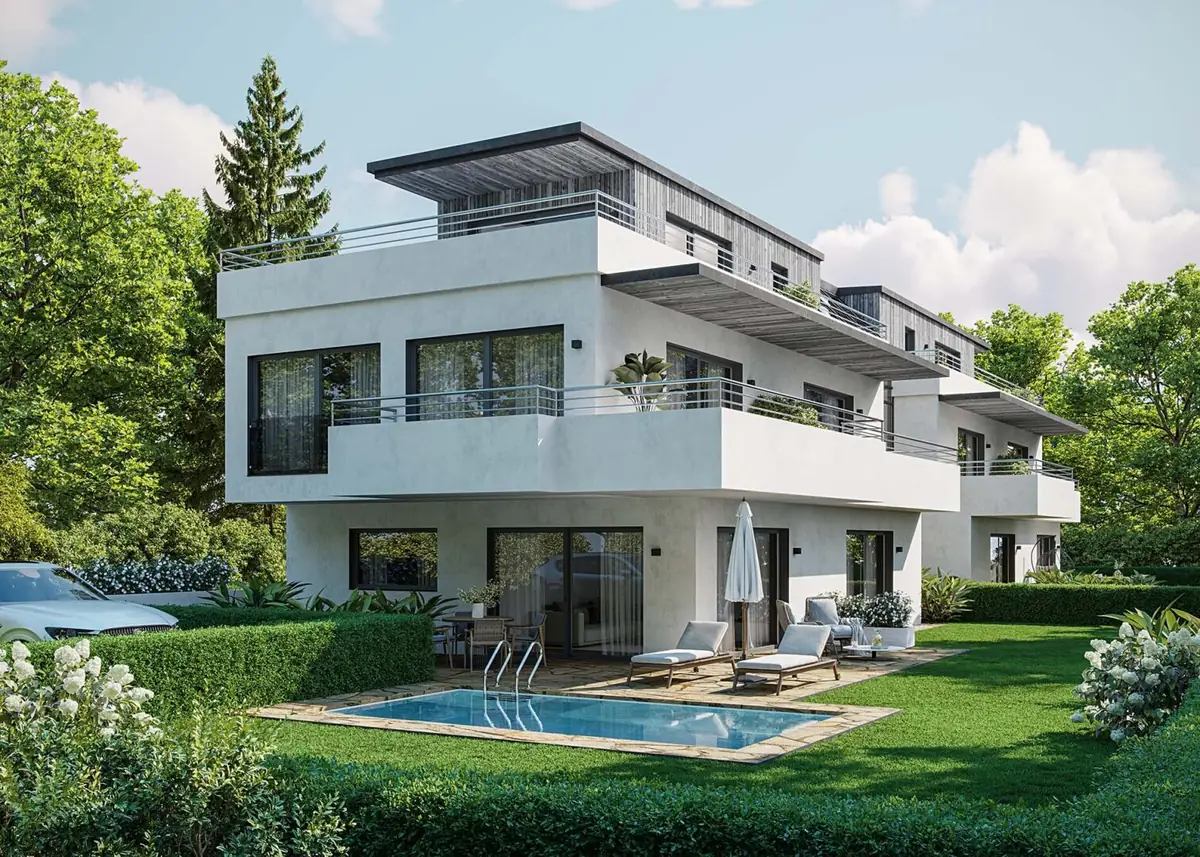 Moderne Wohnanlage mit Terrassen, Garten und Pool, wie sie RocketReal vermittelt